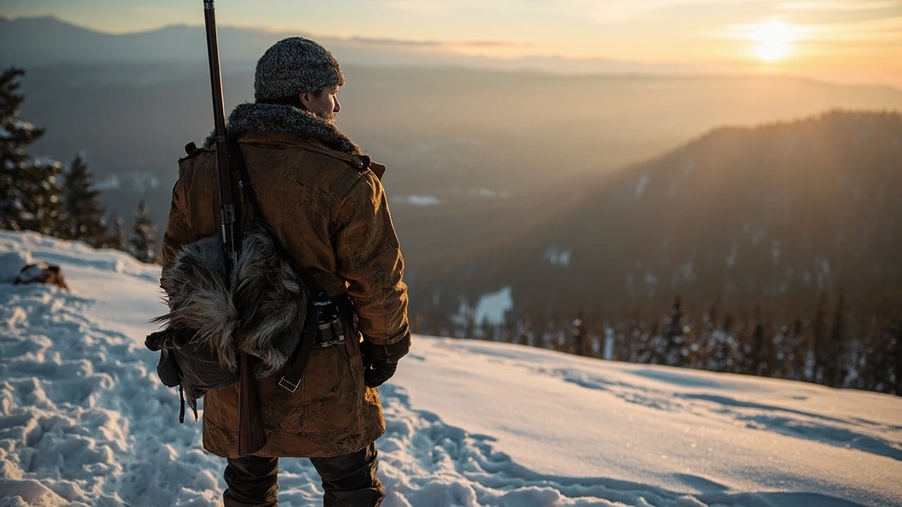 Hunter tracking legendary animals rdr2 across a snowy ridge at dusk