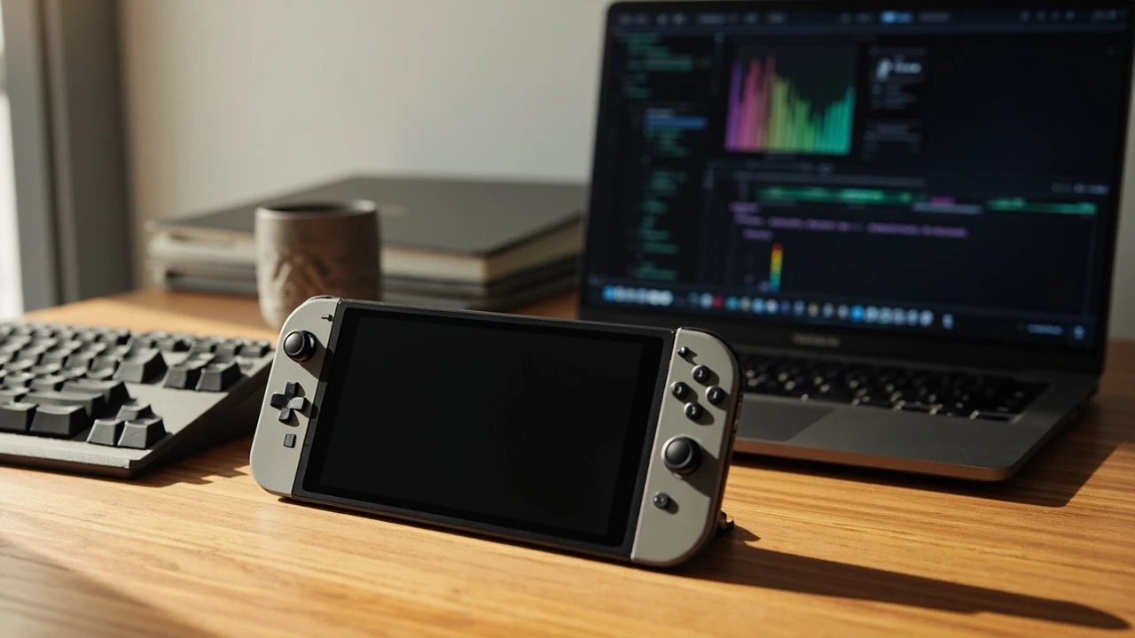 Legion Go 2 handheld on a desk next to a code editor and profiler window