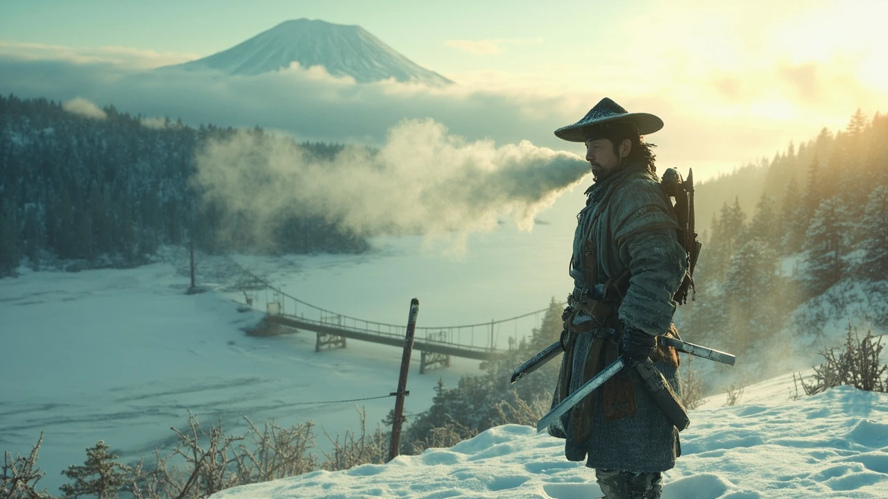 Ghost of Yotei walkthrough guide with protagonist overlooking Mount Yotei