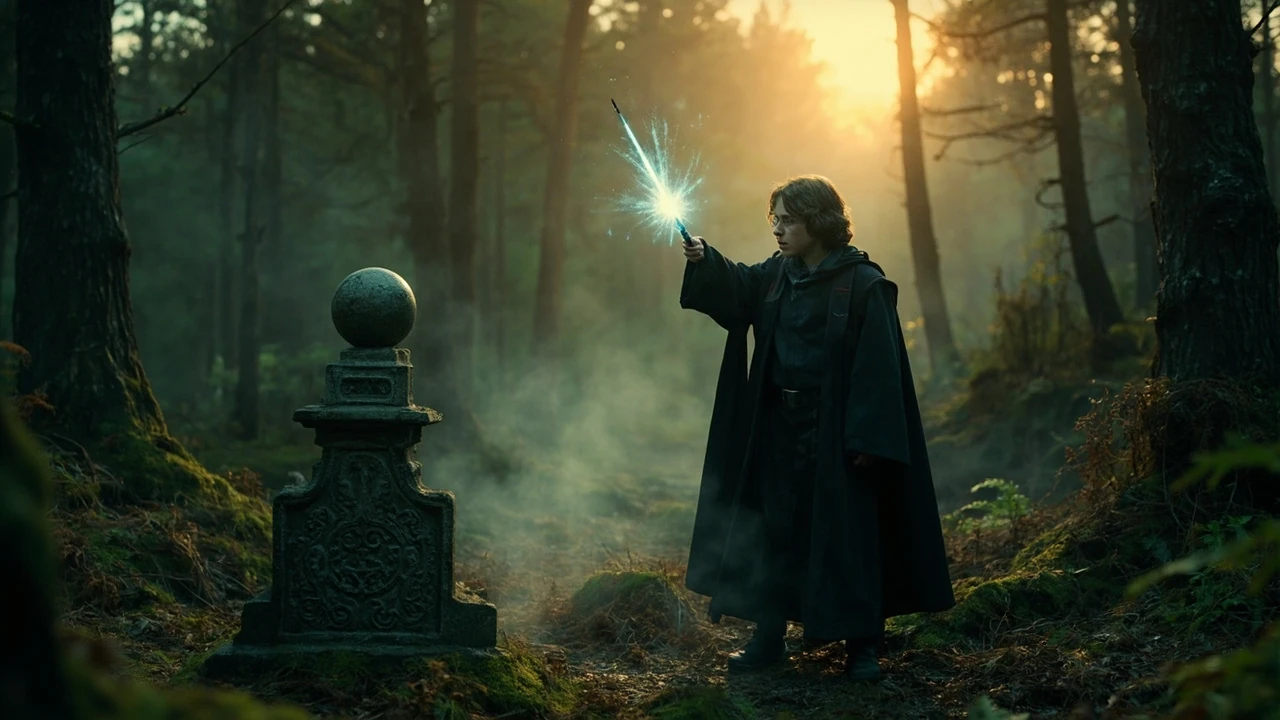 A wizard solving one of the Merlin Trials in Hogwarts Legacy at a forest ruin