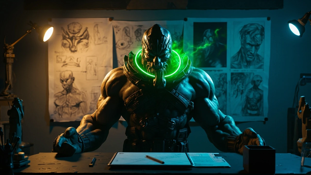 Absolute Batman Bane character concept art with reworked mask and Venom apparatus