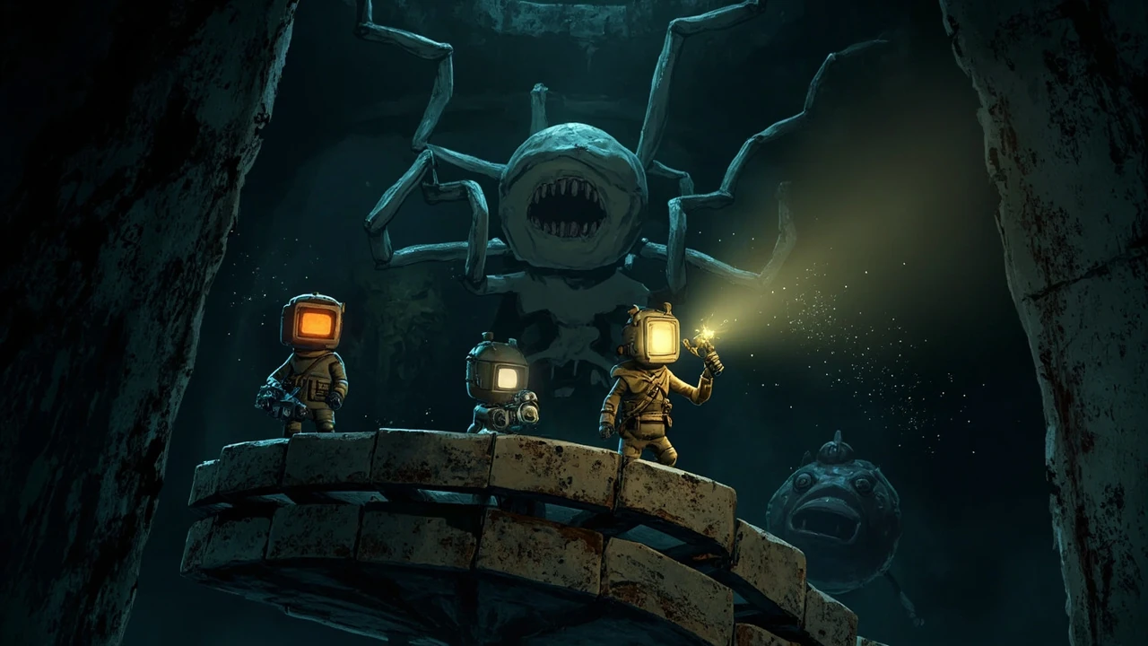 Four co-op player avatars in Content Warning descending a rusted stairwell into a dark underground, facing a tall eyeless creature and a small round one