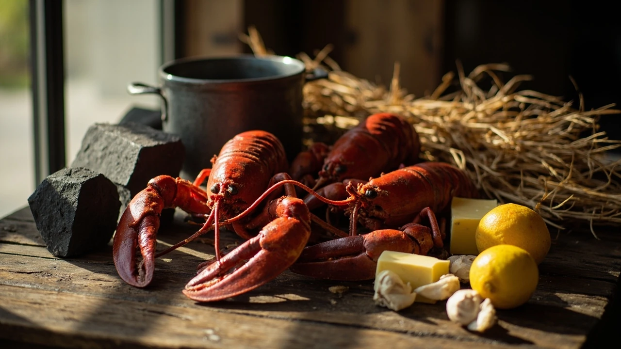 Ingredients for the lobster roll Dreamlight Valley recipe arranged on a wooden counter