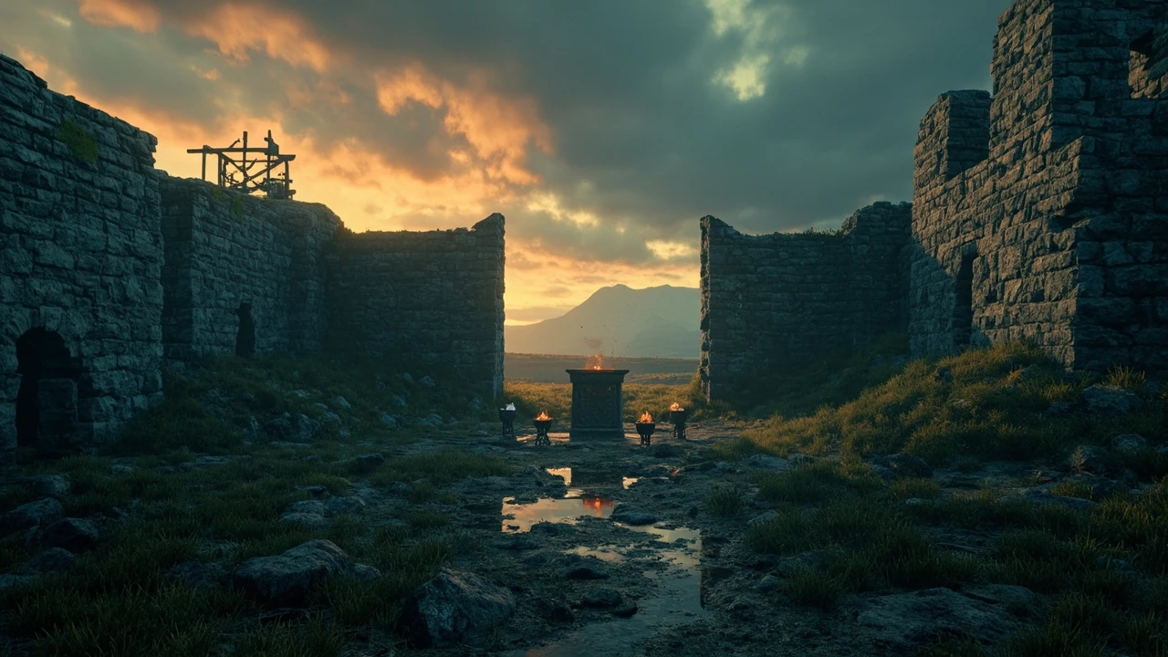 Wide view of the High Keep ruin in Hogwarts Legacy at dusk