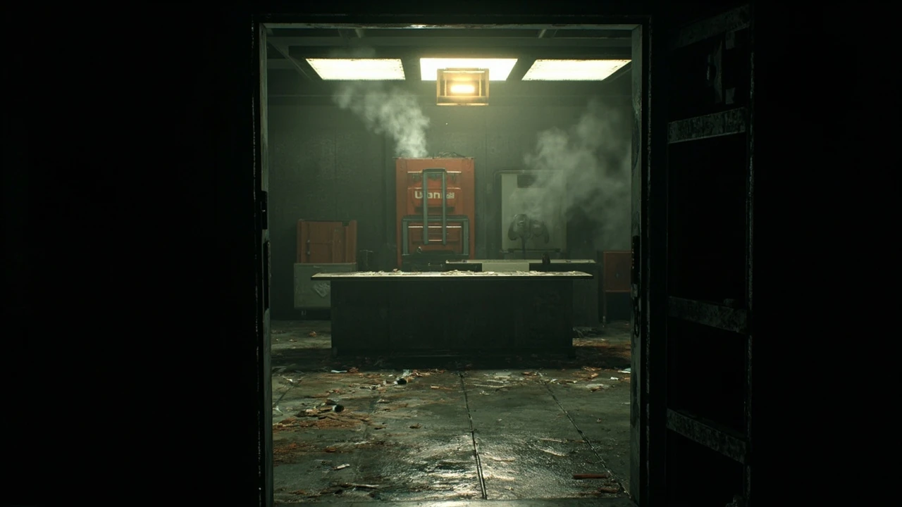 Resident Evil Requiem player approaching the sterilization chamber safe code room