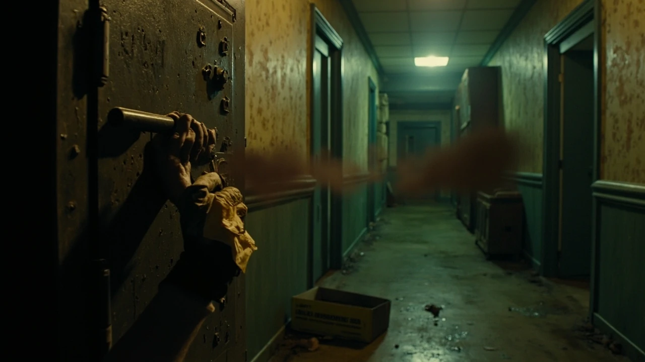 All safe codes re9: a player turning a combination dial on a wall safe inside a dim hotel corridor