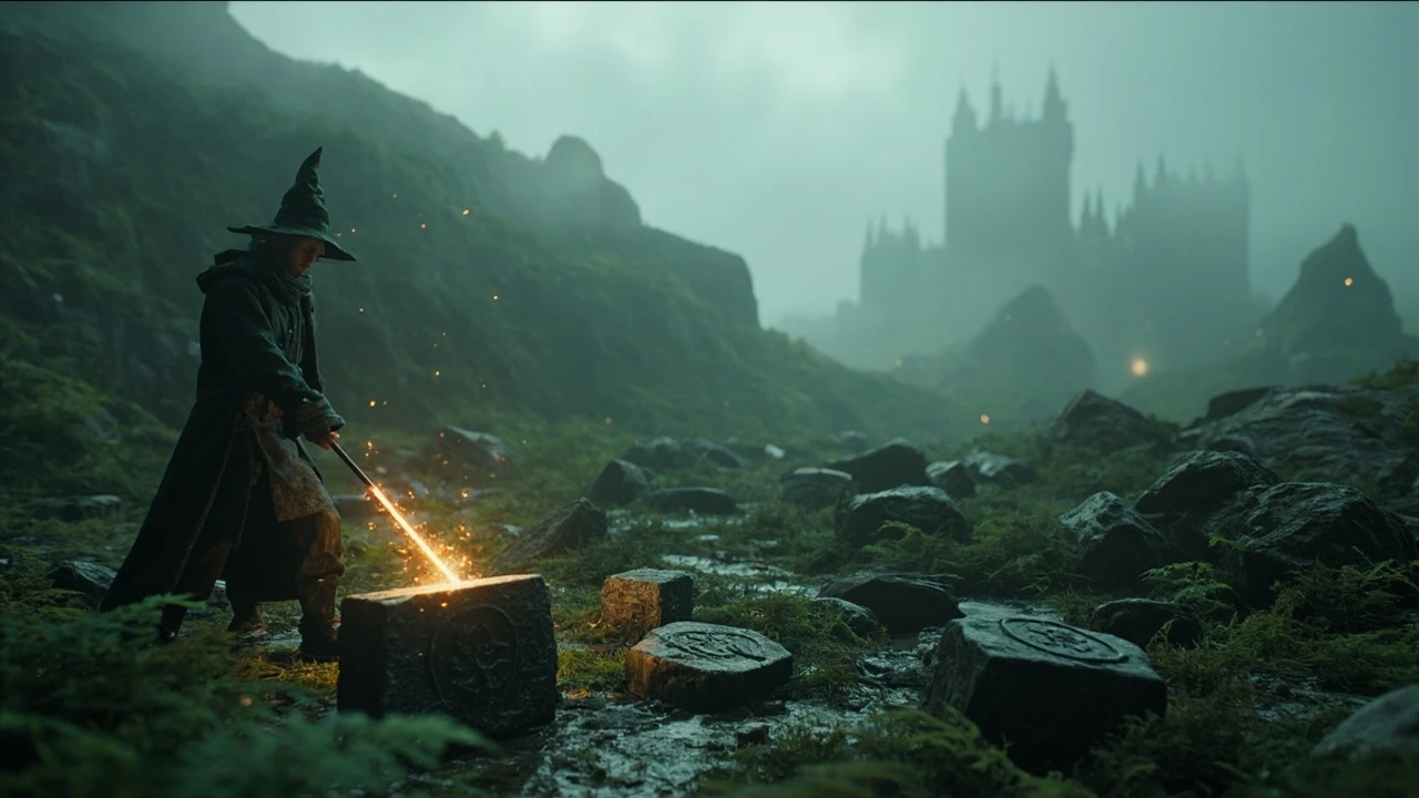 Player solving Merlin Trials Hogwarts Legacy puzzle near a stone ruin