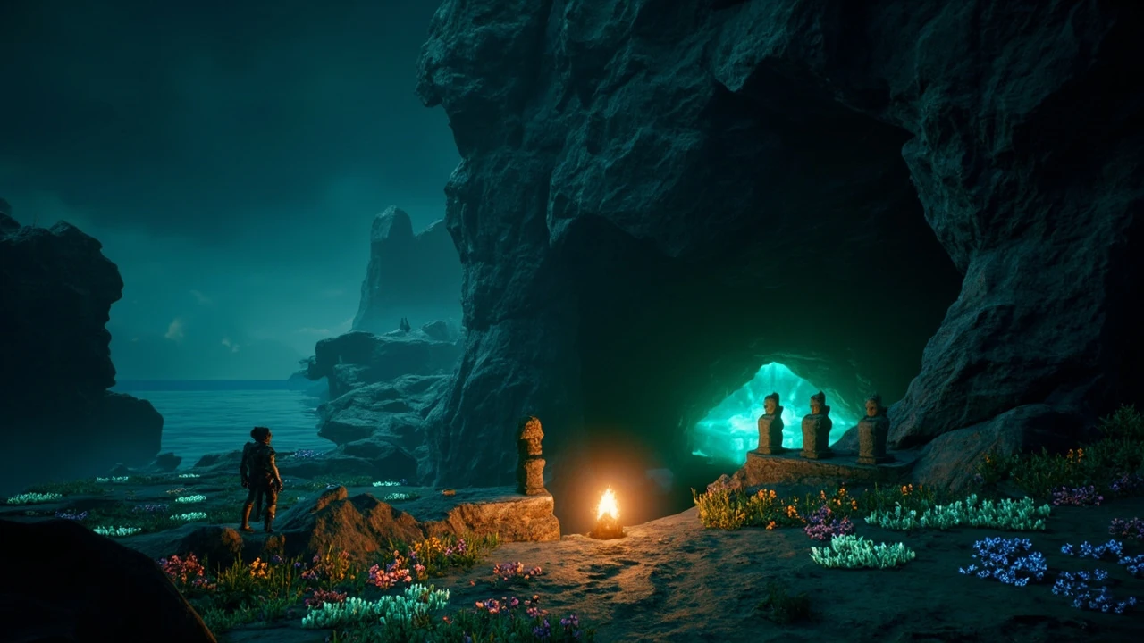 A player exploring the mystical cave in Dreamlight Valley at dusk with glowing statues